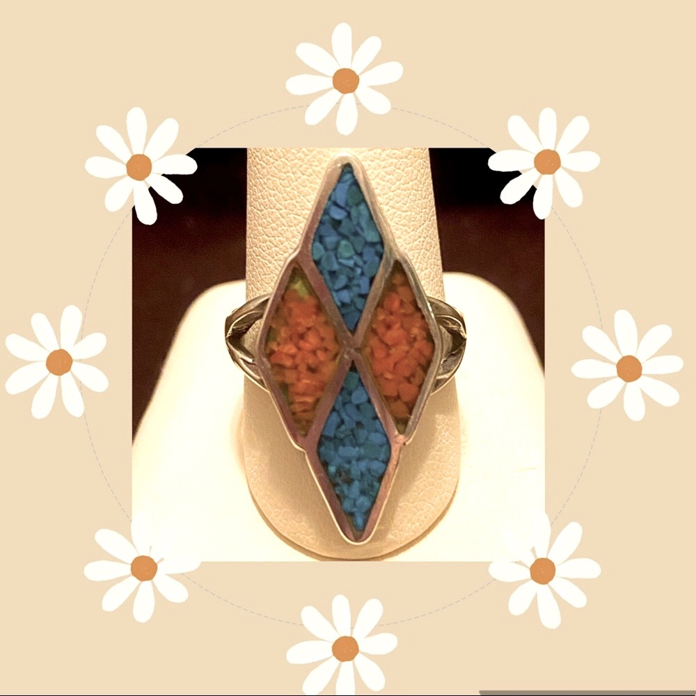 Vintage! Blue Red Diamond Shape Sterling Silver Ring 💍8.75